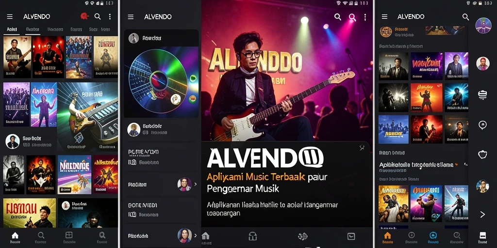 Screenshot utama ALVENDO menampilkan antarmuka aplikasi musik yang menarik.