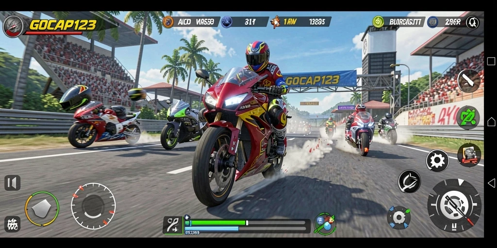 Tampilan aksi balapan motor yang seru dan penuh semangat.