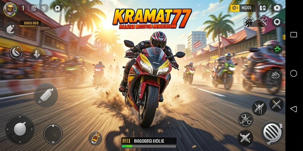 Screenshot KRAMAT77 menampilkan aksi balapan motor yang mendebarkan.